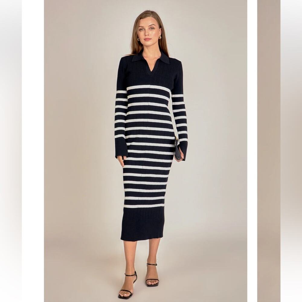English factory NWT Collar knit midi dress black white stripe size medium
